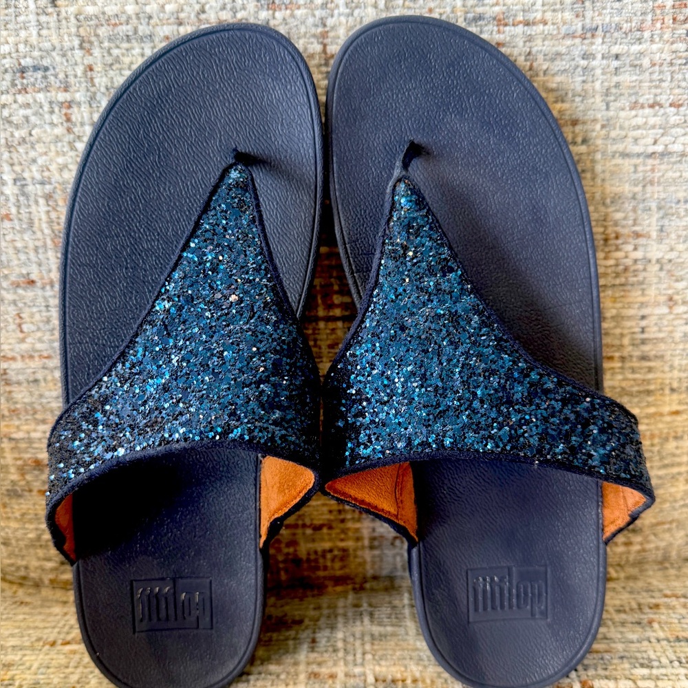 FitFlop Shoes Womens Size 9 Navy Glitter Glam Thong Sandals Comfort